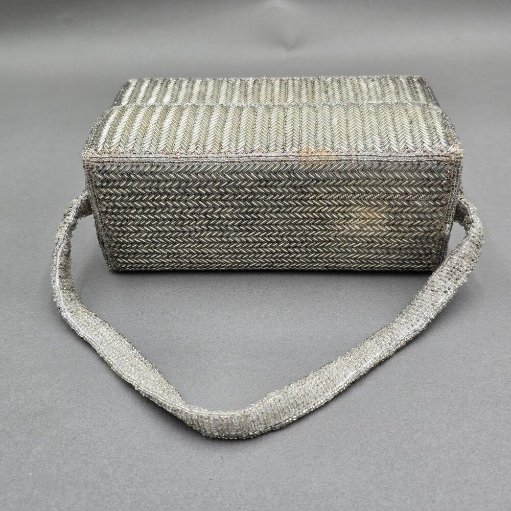 VTG Silver Beaded Herringbone Evening Bag Top Handle 50s La Regale READ - Picture 5 of 15